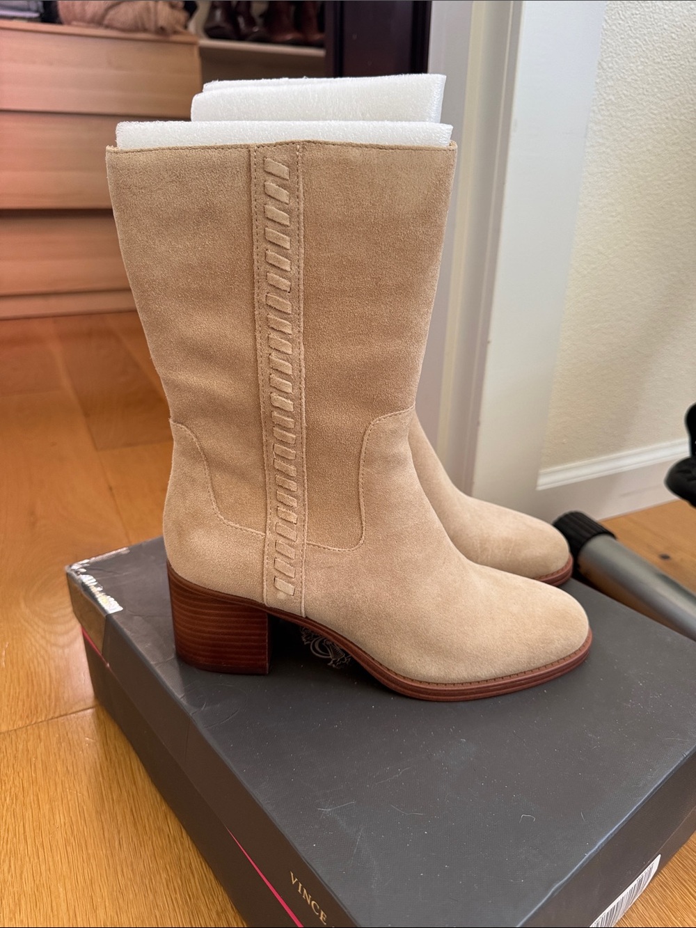 Vince Camuto Beige Suede Mid-Calf Block Heel Boots